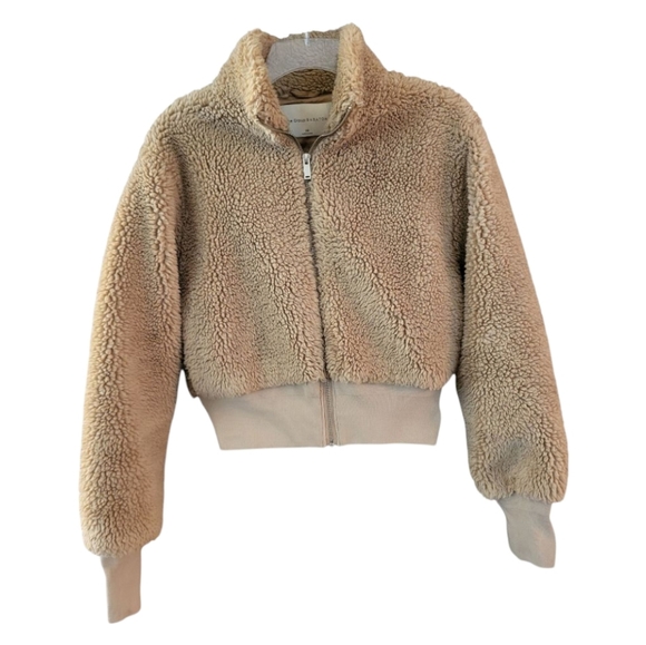 Aritzia Babaton Women's Cropped Sherpa Bomber Jacket in Gold Camel - Size XS - Picture 3 of 7